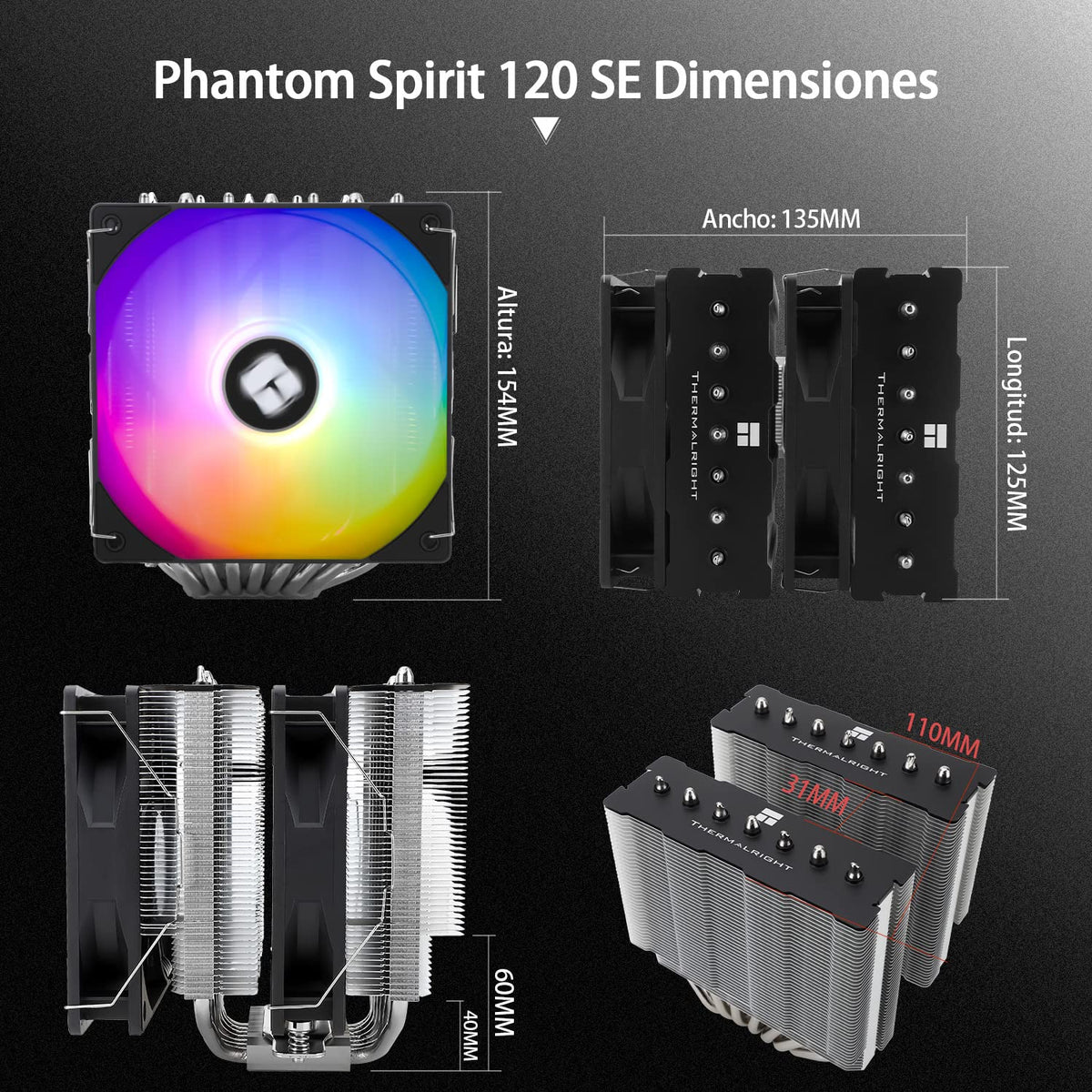 Thermalright Phantom SPIRIT120SE ARGB CPU-luftkylare, kylare med 7 värmerör, dubbla 120 mm TL-C12B-S V2 PWM-fläktar, AGHP 4.0 Tech., S-FDB-lager, för AMD AM4 AM5/Intel 1700/1150/1151/1200, stationär