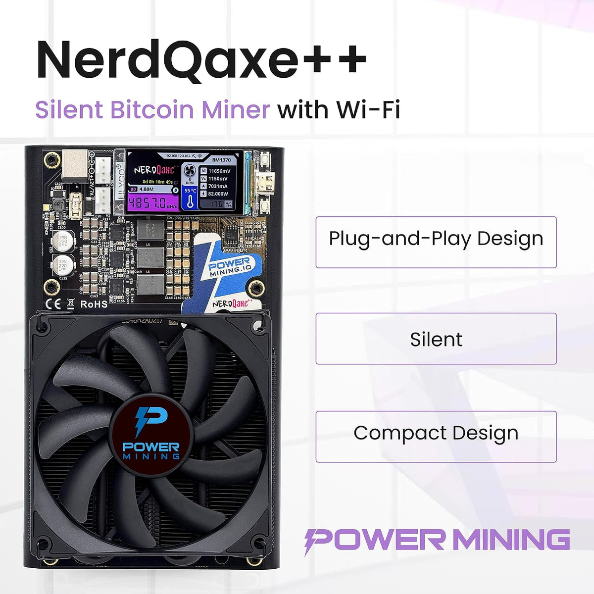 NerdQaxe++ Silent Bitcoin Miner – 4,8 TH/s @ 72 W | 4 × BM1370 chips | låg bruskylning | 2,4 G Wi-Fi & LAN | AxeOS Open-SSource | inkl. strömförsörjning och metallstativ