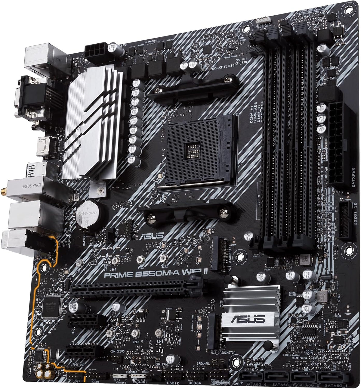ASUS PRIME B550M-A WiFi II MicroATX moderkort, AMD B550, Socket AM4, DDR4, PCI 4.0, Realtek 1GB LAN, WiFi 6 (802.11ax), 2xM.2, 4xSATA 6GB/s, 2xUSB 3.2 Gen 2, Stöd för Aura Sync RGB, Svart