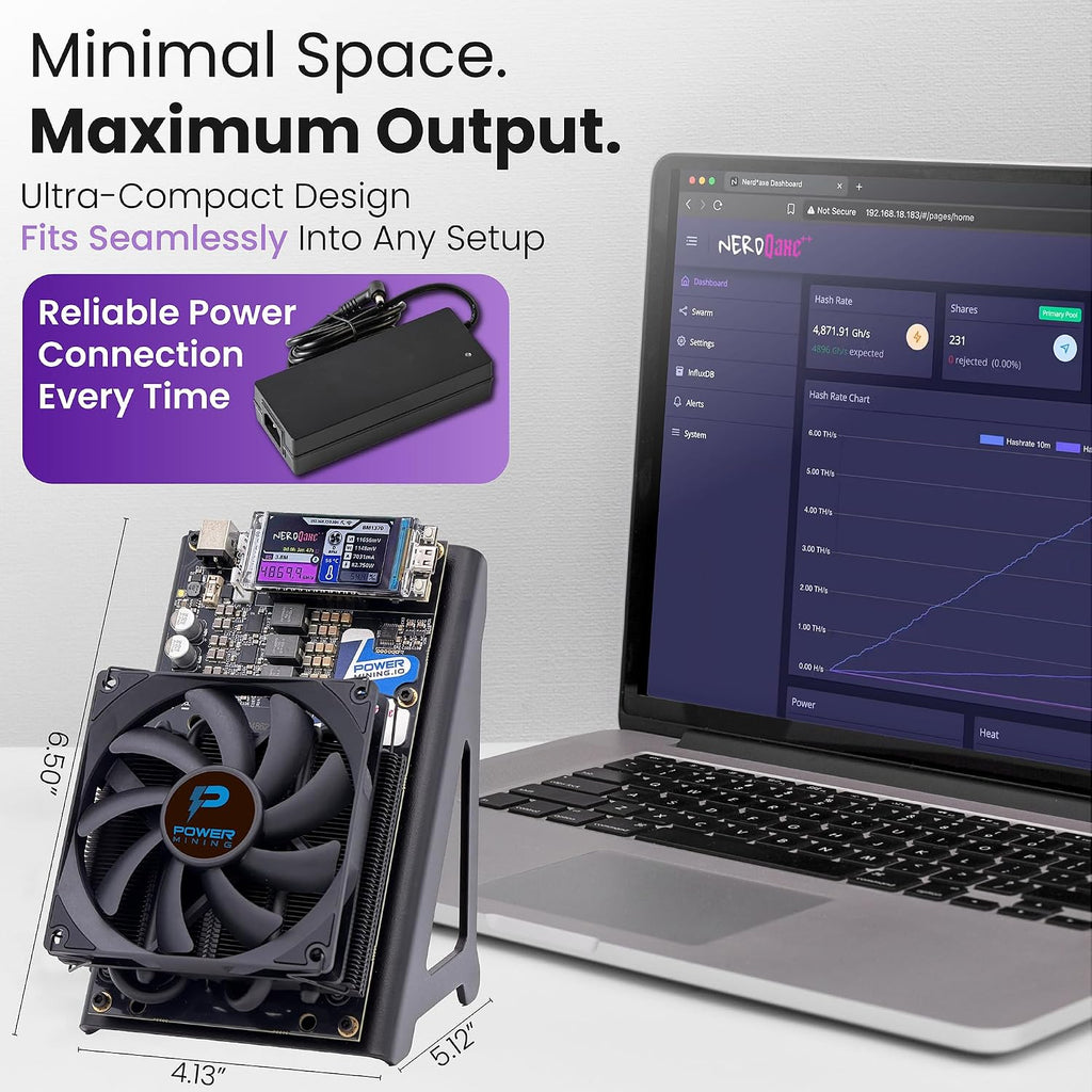 NerdQaxe++ Silent Bitcoin Miner – 4,8 TH/s @ 72 W | 4 × BM1370 chips | låg bruskylning | 2,4 G Wi-Fi & LAN | AxeOS Open-SSource | inkl. strömförsörjning och metallstativ