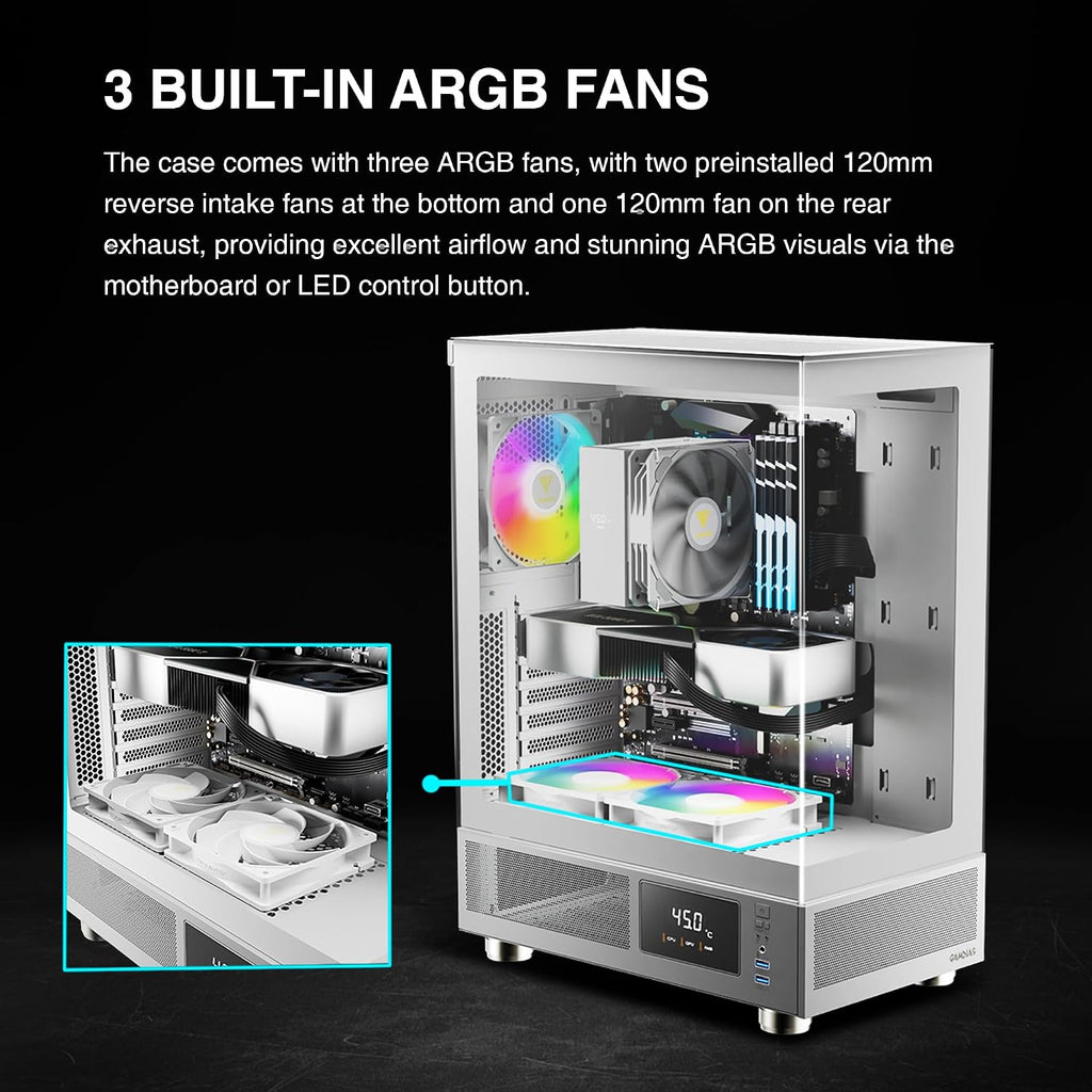 GAMDIAS ATLAS E1 WH Gaming ATX Mid Tower Datorfodral, anpassad bildskärm med programvara, 3 x 120 mm ARGB-fläktar (2 baksida), panorama härdat glasskärm, perforerad luftflödesventil PSU-kammare, vit