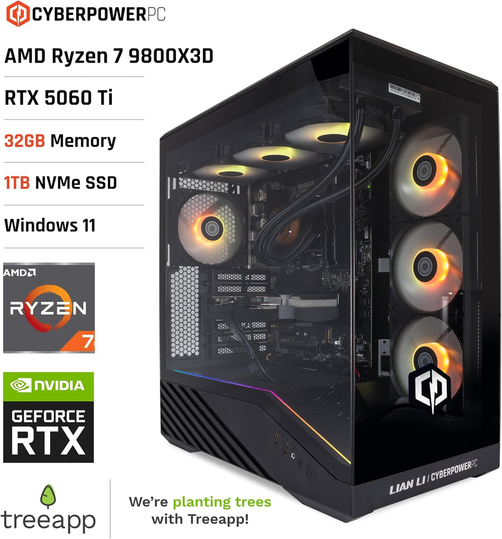 CYBERPOWERPC Luxe Gaming PC - AMD Ryzen 7 9800X3D, Nvidia RTX 5070 12GB, 32GB RAM, 1TB NVMe SSD, 650W 80+ PSU, Wi-Fi, Refrigeración a Liquido CPU, Windows 11, V100R RGB