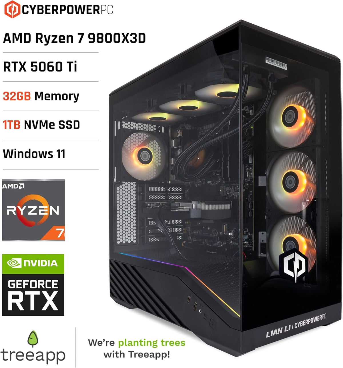 CYBERPOWERPC Luxe Gaming PC - AMD Ryzen 7 9800X3D, Nvidia RTX 5070 12GB, 32GB RAM, 1TB NVMe SSD, 650W 80+ PSU, Wi-Fi, Refrigeración a Liquido CPU, Windows 11, V100R RGB