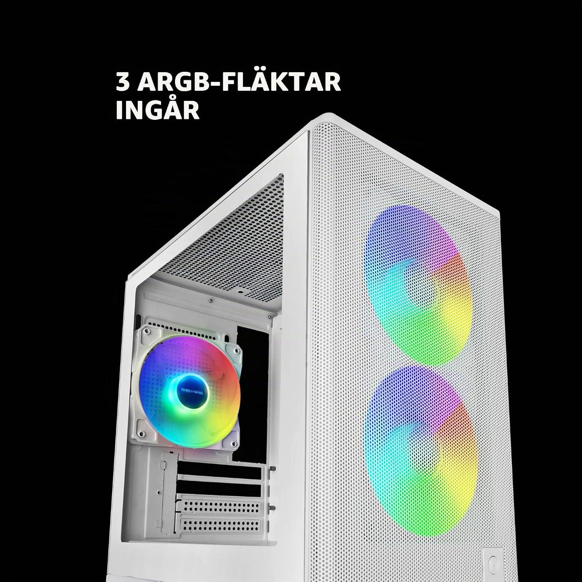 Mars Gaming MC-ONYX, MicroATX Gaming Chassi, Metallfront Mesh, Sidofönster i härdat glas, 3x ARGB FDB-fläktar, Dubbla kammare, Stöd för vätskekylning upp till 240mm, Vit