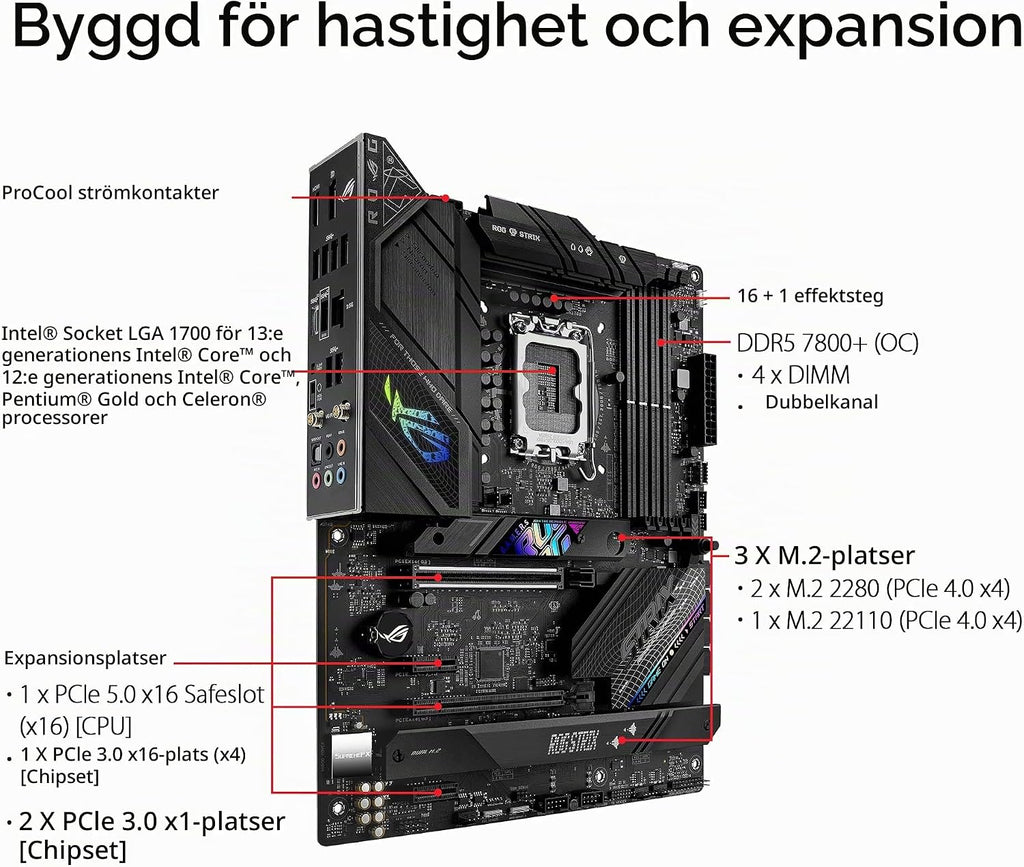 ASUS ROG Strix B760-I Gaming WiFi - Intel B760 LGA 1700 Mini ITX moderkort (DDR5, 8 + 1 DrMOS, PCIe 5.0, 2 x PCIe 4.0 M.2, wifi 6E, 2.5G Ethernet, USB 3.2 Gen 2 x 2 Type-C, Aura Sync RGB)