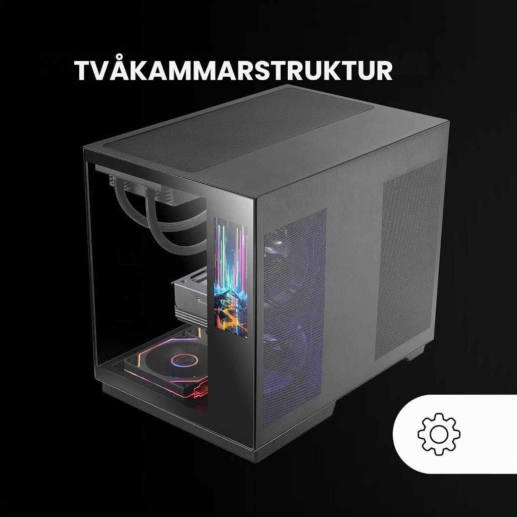 Mars Gaming MC-MIRAGE, Gaming Chassi ATX, 7,2” Anpassningsbar LCD IPS Skärm, Kontinuerat Härdat Glas Front + Sida, Dubbelkammare Struktur, Stöd för Vätskekylning upp till 360mm, Svart