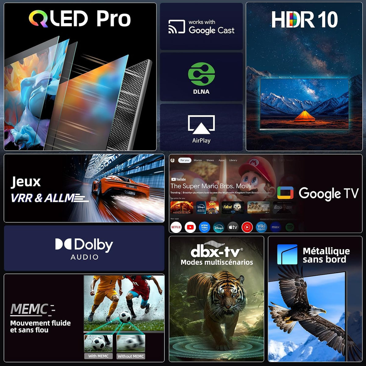 Google QLED 4K UHD CHiQ 50QA10 50" HDR10, VRR och ALLM ultratunn ramlös Dolby Audio Wi-FI dubbelband