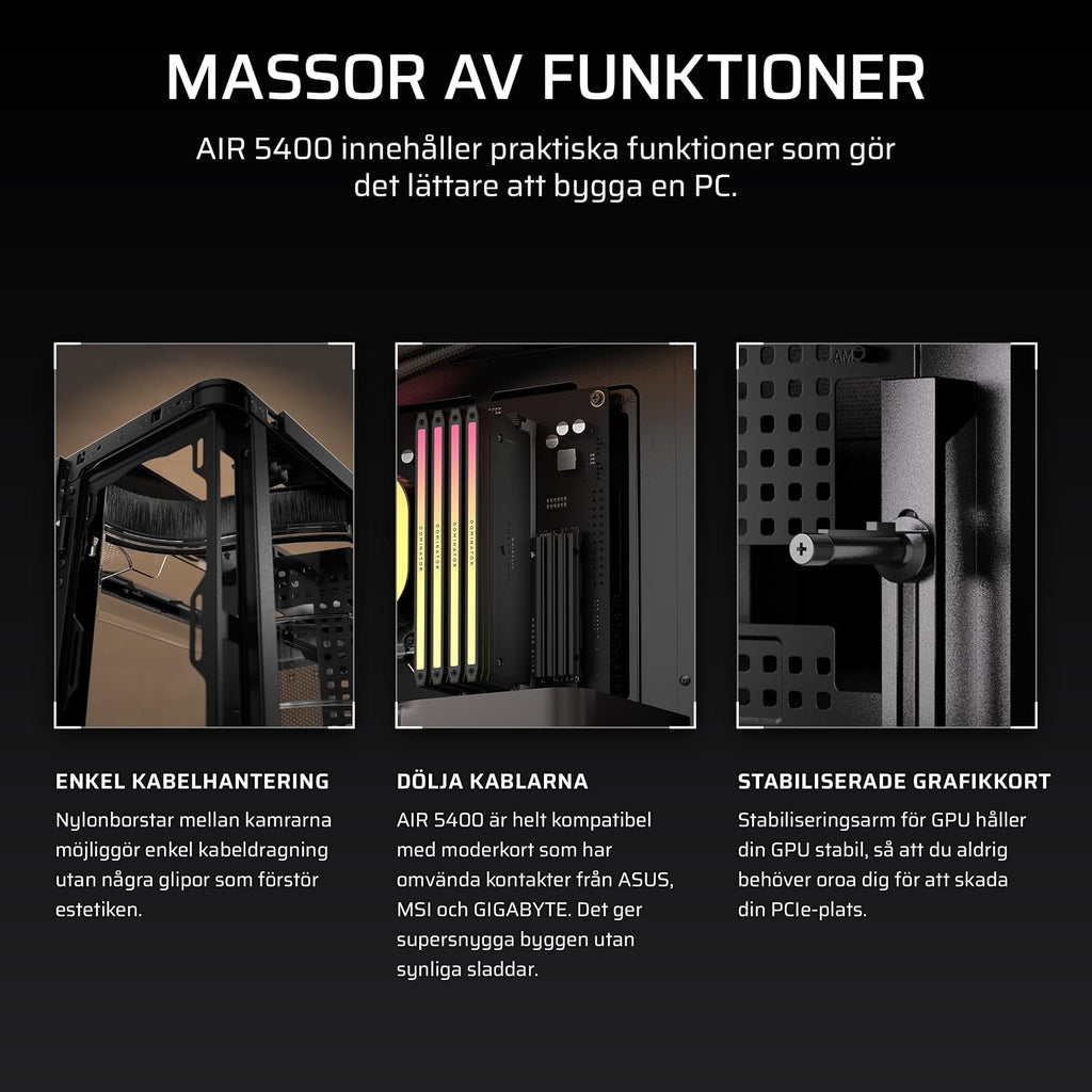 CORSAIR AIR 5400 RS-R ARGB Mid-Tower PCchassi Panoramaglasdesign Med Tre Kammare – 3x Förinstallerad RS120-R ARGB Omvänd Rotor, Isolerad 360mm AIOkammare, Omvänd Anslutning Moderkorts Stöd – Svart