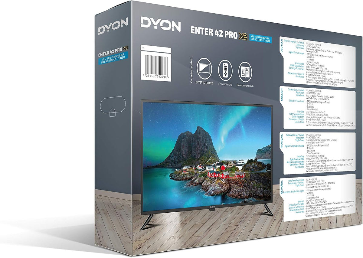 DYON Smart 40 VX-2 Full HD-TV, trippel HD-mottagare (DVB-C/-S2/-T2), App Store, Prime Video, Netflix, YouTube, DAZN, Disney+, svart