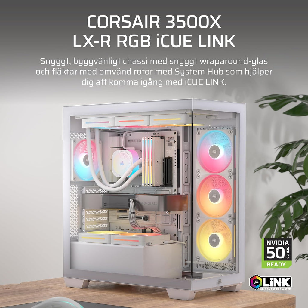 CORSAIR 3500X LX-R RGB Mid-Tower Datorchassi – 3 förinstallerade LX120-R RGB-fläktar, iCUE LINK Hub - Härdat glas, Plats 10x120 mm fläktar, Kompatibelt med moderkort för omvänd kontakt - Svart