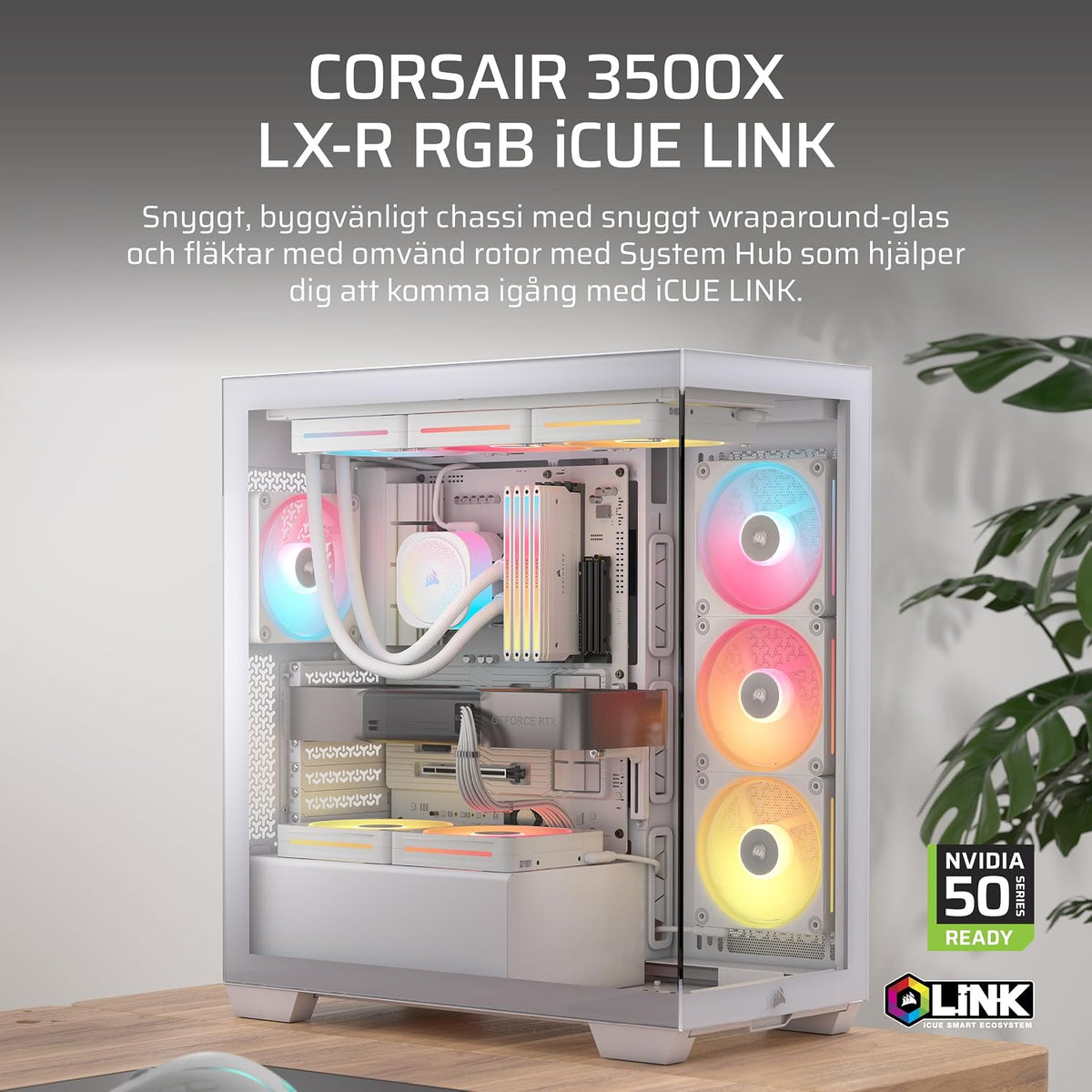CORSAIR 3500X LX-R RGB Mid-Tower Datorchassi – 3 förinstallerade LX120-R RGB-fläktar, iCUE LINK Hub - Härdat glas, Plats 10x120 mm fläktar, Kompatibelt med moderkort för omvänd kontakt - Svart