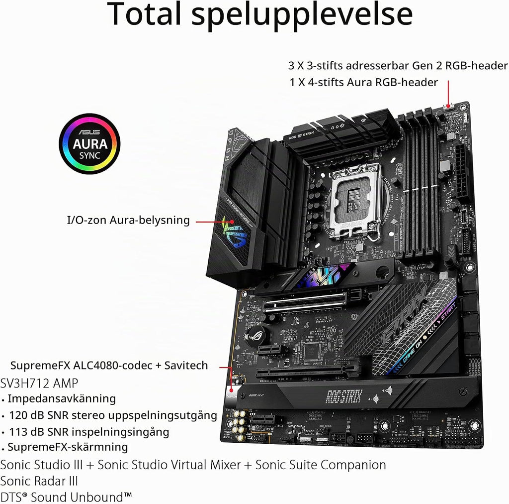 ASUS ROG Strix B760-I Gaming WiFi - Intel B760 LGA 1700 Mini ITX moderkort (DDR5, 8 + 1 DrMOS, PCIe 5.0, 2 x PCIe 4.0 M.2, wifi 6E, 2.5G Ethernet, USB 3.2 Gen 2 x 2 Type-C, Aura Sync RGB)