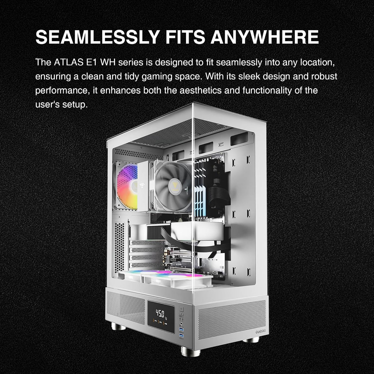 GAMDIAS ATLAS E1 WH Gaming ATX Mid Tower Datorfodral, anpassad bildskärm med programvara, 3 x 120 mm ARGB-fläktar (2 baksida), panorama härdat glasskärm, perforerad luftflödesventil PSU-kammare, vit