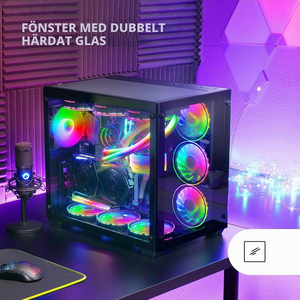 Mars Gaming MC-S1 svart, kompakt Micro-ATX Gaming PC-hölje, ARGB belysning 12 lägen, FRGB-fläkt, Full Side Window, MCS1
