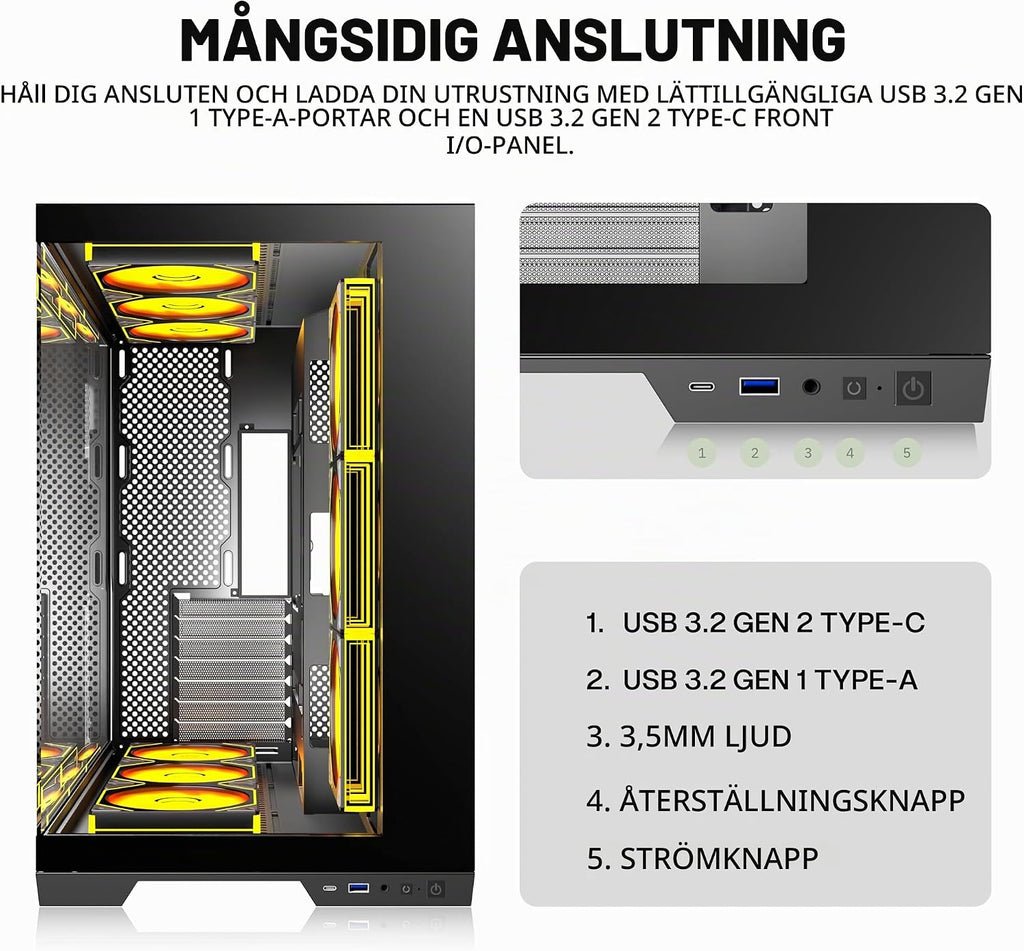 KEDIERS PC-hölje – förinstallerade 5-fläktar, ATX Mid Tower spelhölje, datorväska med öppnande sidopanel av härdat glas, svart G500