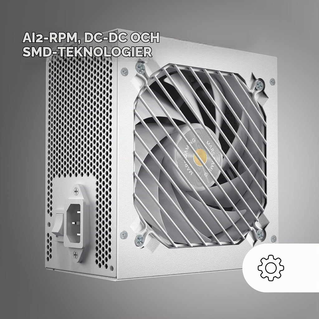 Mars Gaming MPB650SI, ATX Nätaggregat för PC 650W, 7 Års Garanti, 80Plus Bronze 230V, 90% Effektivitet, SI Extreme Silence-fläkt med Kopparkärna, AI2-RPM, DC-DC och SMD-teknologier, Vit