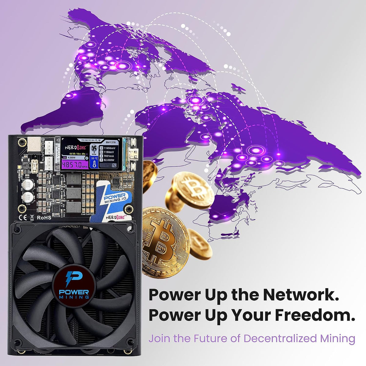 NerdQaxe++ Silent Bitcoin Miner – 4,8 TH/s @ 72 W | 4 × BM1370 chips | låg bruskylning | 2,4 G Wi-Fi & LAN | AxeOS Open-SSource | inkl. strömförsörjning och metallstativ