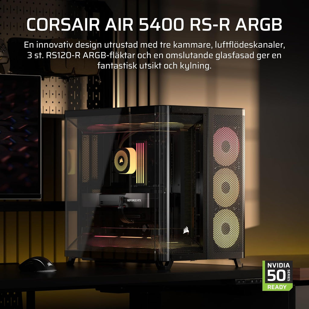 CORSAIR AIR 5400 RS-R ARGB Mid-Tower PCchassi Panoramaglasdesign Med Tre Kammare – 3x Förinstallerad RS120-R ARGB Omvänd Rotor, Isolerad 360mm AIOkammare, Omvänd Anslutning Moderkorts Stöd – Svart