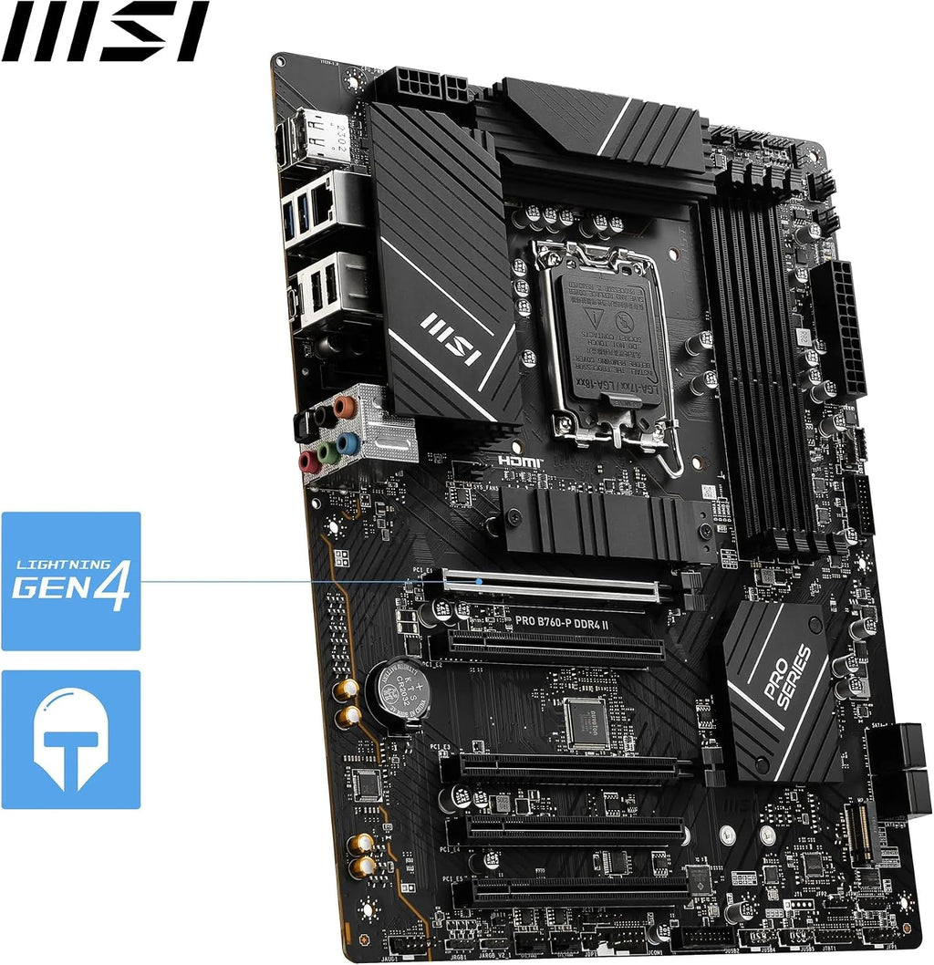 MSI PRO B760M-P DDR4 moderkort, Micro-ATX - Stöder Intel 12:e och 13:e generationens kärnprocessorer, LGA 1700 - DDR4 Memory Boost 4800+MHz/OC, PCIe 4.0 x16-kortplats, M.2 Gen4-kortplatser, olika