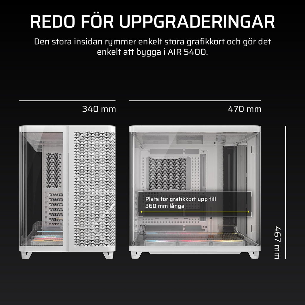 CORSAIR AIR 5400 RS-R ARGB Mid-Tower PCchassi Panoramaglasdesign Med Tre Kammare – 3x Förinstallerad RS120-R ARGB Omvänd Rotor, Isolerad 360mm AIOkammare, Omvänd Anslutning Moderkorts Stöd – Svart