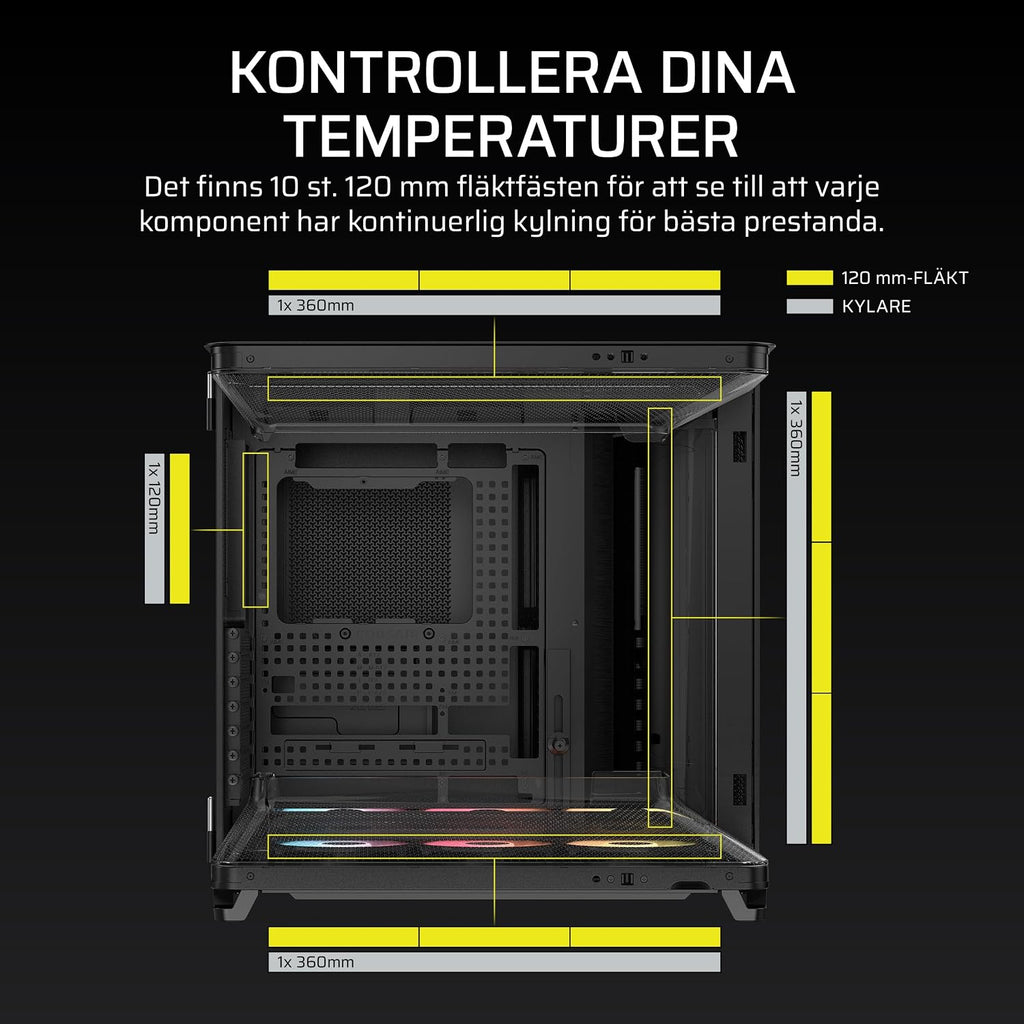 CORSAIR AIR 5400 RS-R ARGB Mid-Tower PCchassi Panoramaglasdesign Med Tre Kammare – 3x Förinstallerad RS120-R ARGB Omvänd Rotor, Isolerad 360mm AIOkammare, Omvänd Anslutning Moderkorts Stöd – Svart