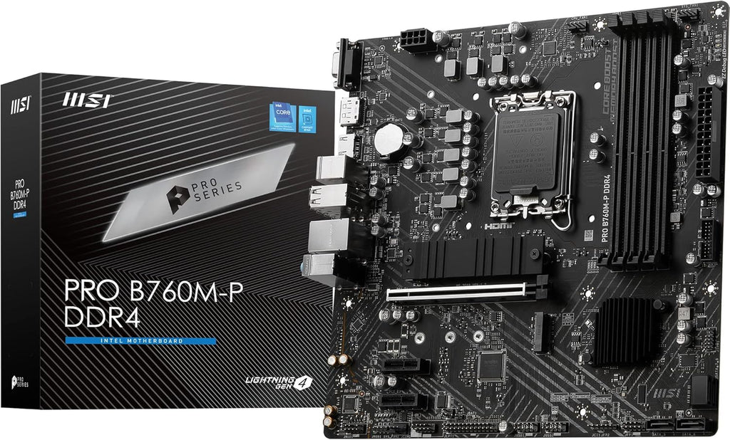 MSI PRO B760M-P DDR4 moderkort, Micro-ATX - Stöder Intel 12:e och 13:e generationens kärnprocessorer, LGA 1700 - DDR4 Memory Boost 4800+MHz/OC, PCIe 4.0 x16-kortplats, M.2 Gen4-kortplatser, olika