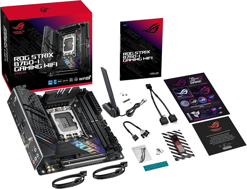 ASUS ROG Strix B760-I Gaming WiFi - Intel B760 LGA 1700 Mini ITX moderkort (DDR5, 8 + 1 DrMOS, PCIe 5.0, 2 x PCIe 4.0 M.2, wifi 6E, 2.5G Ethernet, USB 3.2 Gen 2 x 2 Type-C, Aura Sync RGB)