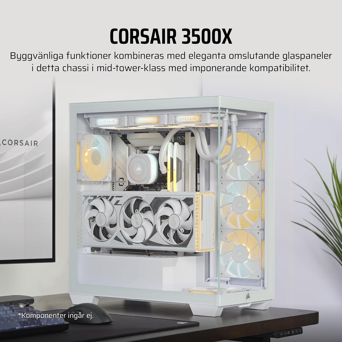 CORSAIR 3500X Mid-Tower ATX PC-Chassi Med Dubbla Kammare – Panoramabild i Härdat Glas - Kompatibel Med Moderkort Med Omvänd Anslutning – Inga Fläktar Inkluderade – Vit