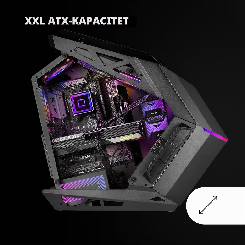 Mars Gaming MC-TITAN, Gamingkabinett RGB XXL ATX, Dubbel LED-Remsa och Främre ARGB-Belysning, Belysningshub + Fjärrkontroll, Kompatibel med ARGB Moderkort, Stöd för Vätskekylning, Svart