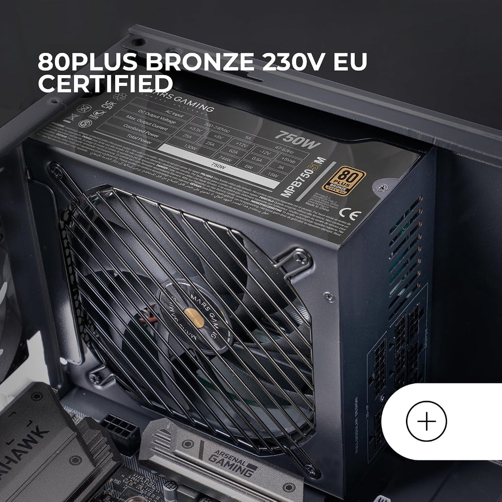 MARS GAMING MPB750SIM, Fullmodulärt ATX 750W Nätaggregat, 7 Års Garanti, 80Plus Bronze 230V EU, 90% Effektivitet, 140mm SI Extreme Silence Fläkt, AI2-RPM, DC-DC och SMD Teknologier, Svart