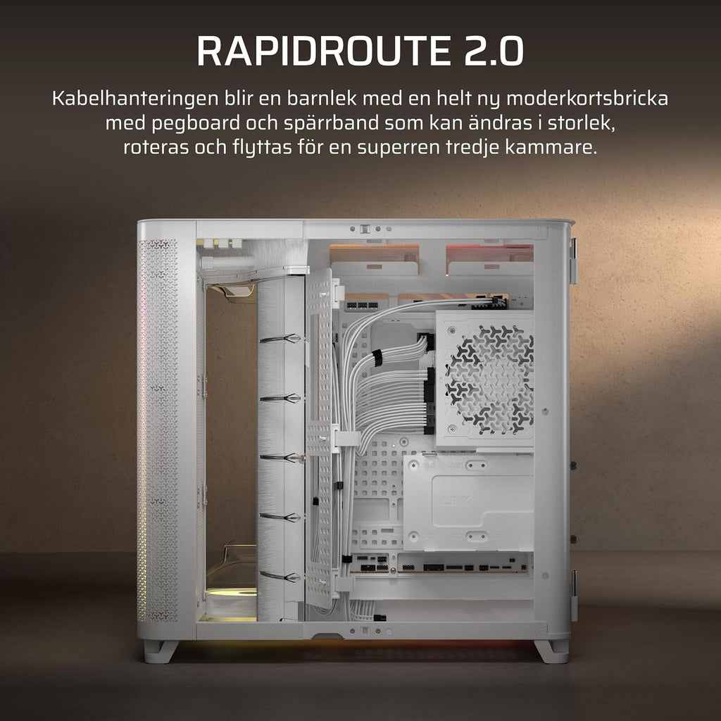 CORSAIR AIR 5400 RS-R ARGB Mid-Tower PCchassi Panoramaglasdesign Med Tre Kammare – 3x Förinstallerad RS120-R ARGB Omvänd Rotor, Isolerad 360mm AIOkammare, Omvänd Anslutning Moderkorts Stöd – Svart