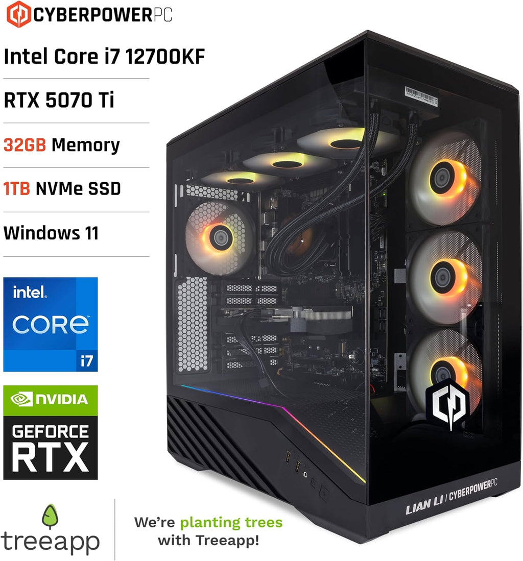 CYBERPOWERPC Luxe Gaming PC - AMD Ryzen 7 9800X3D, Nvidia RTX 5070 12GB, 32GB RAM, 1TB NVMe SSD, 650W 80+ PSU, Wi-Fi, Refrigeración a Liquido CPU, Windows 11, V100R RGB