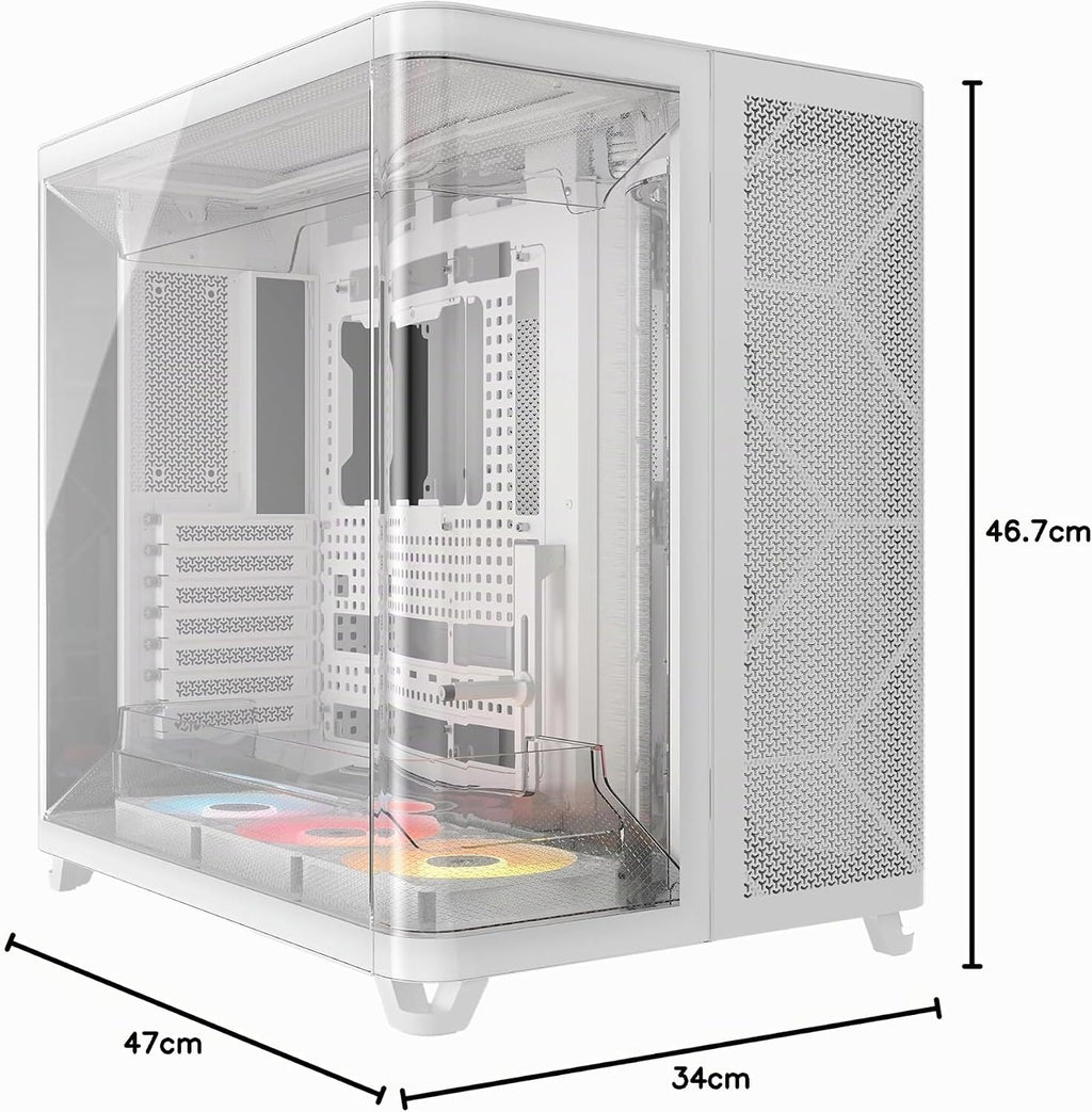 CORSAIR AIR 5400 RS-R ARGB Mid-Tower PCchassi Panoramaglasdesign Med Tre Kammare – 3x Förinstallerad RS120-R ARGB Omvänd Rotor, Isolerad 360mm AIOkammare, Omvänd Anslutning Moderkorts Stöd – Svart