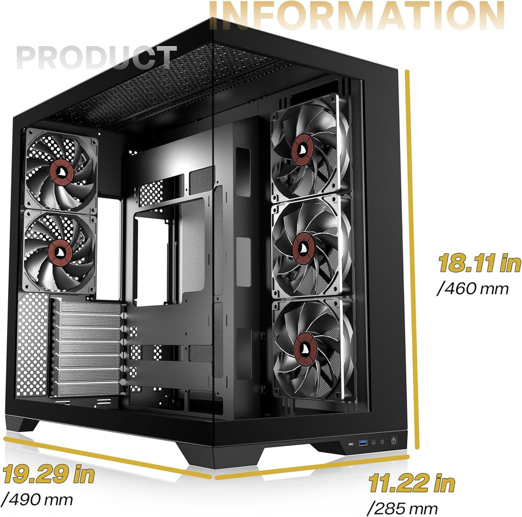 KEDIERS PC-hölje – förinstallerade 5-fläktar, ATX Mid Tower spelhölje, datorväska med öppnande sidopanel av härdat glas, svart G500