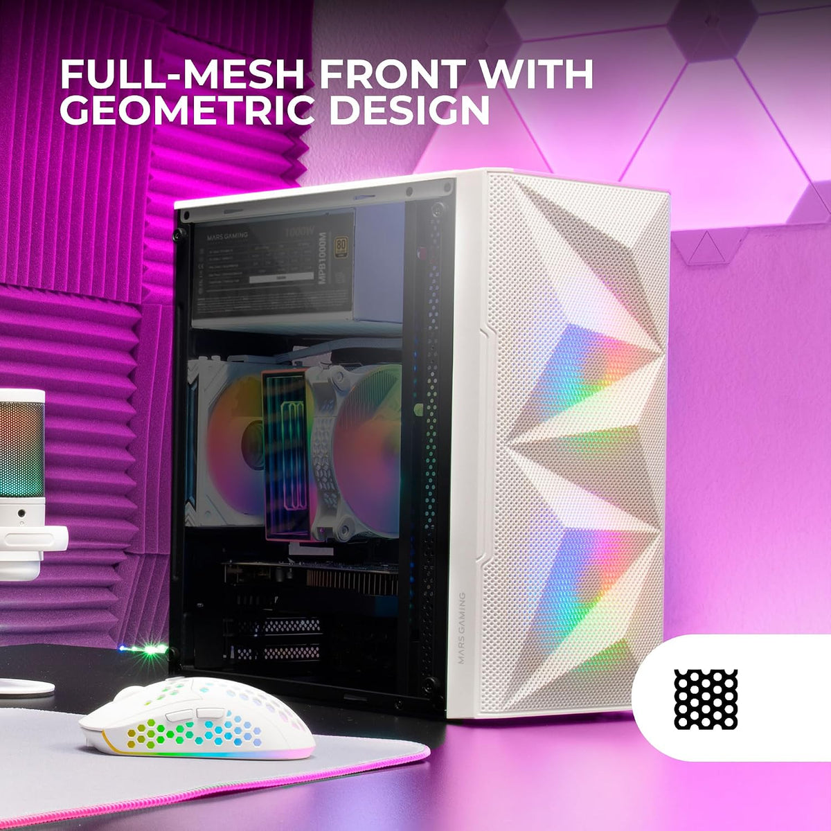 Mars Gaming MC-S1, ultrakompakt Micro-ATX PC-fodral, ARGB frontbelysning 12 lägen, FRGB-fläkt, spelfodral för helsidofönster, stöder vätskekylare upp till 120 mm, rosa