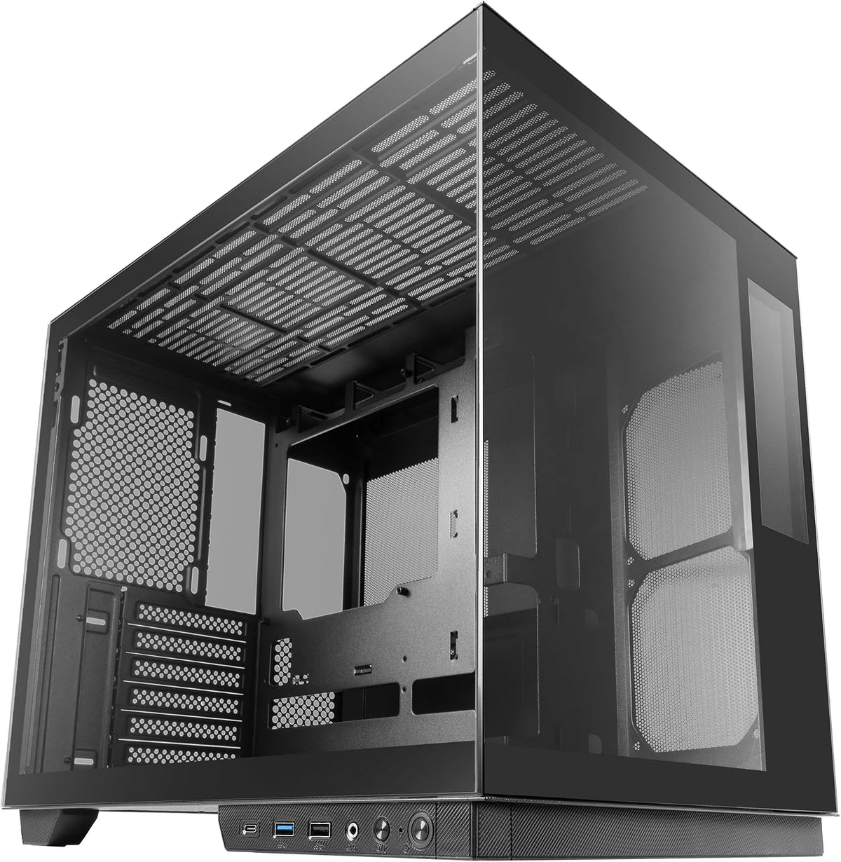 Mars Gaming MC-MIRAGE, Gaming Chassi ATX, 7,2” Anpassningsbar LCD IPS Skärm, Kontinuerat Härdat Glas Front + Sida, Dubbelkammare Struktur, Stöd för Vätskekylning upp till 360mm, Svart