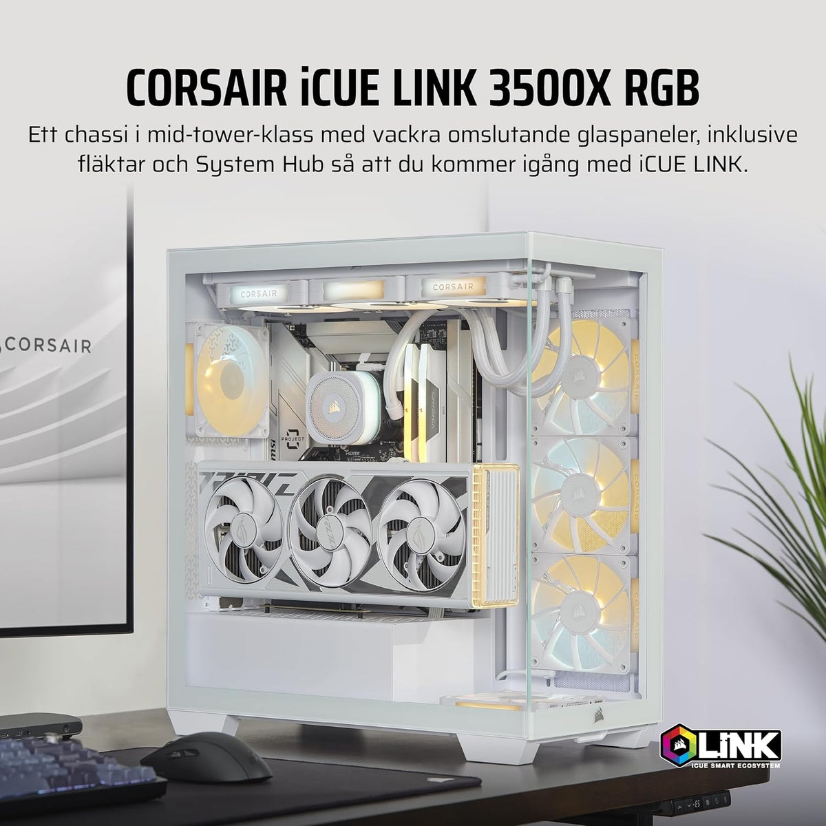 CORSAIR 3500X Mid-Tower ATX PC-Chassi Med Dubbla Kammare – Panoramabild i Härdat Glas - Kompatibel Med Moderkort Med Omvänd Anslutning – Inga Fläktar Inkluderade – Vit