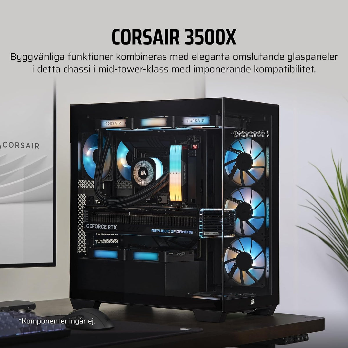 CORSAIR 3500X Mid-Tower ATX PC-Chassi Med Dubbla Kammare – Panoramabild i Härdat Glas - Kompatibel Med Moderkort Med Omvänd Anslutning – Inga Fläktar Inkluderade – Vit