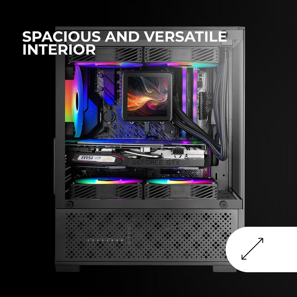 Mars Gaming MC-SE2, MicroATX Gaming Chassi, Härdat Glas Fram och Sida Utan Ram, 120mm FRGB Fläkt, Dubbelkammarsstruktur, Kompakt PC-Minitorn med Stor Intern Kapacitet, Svart