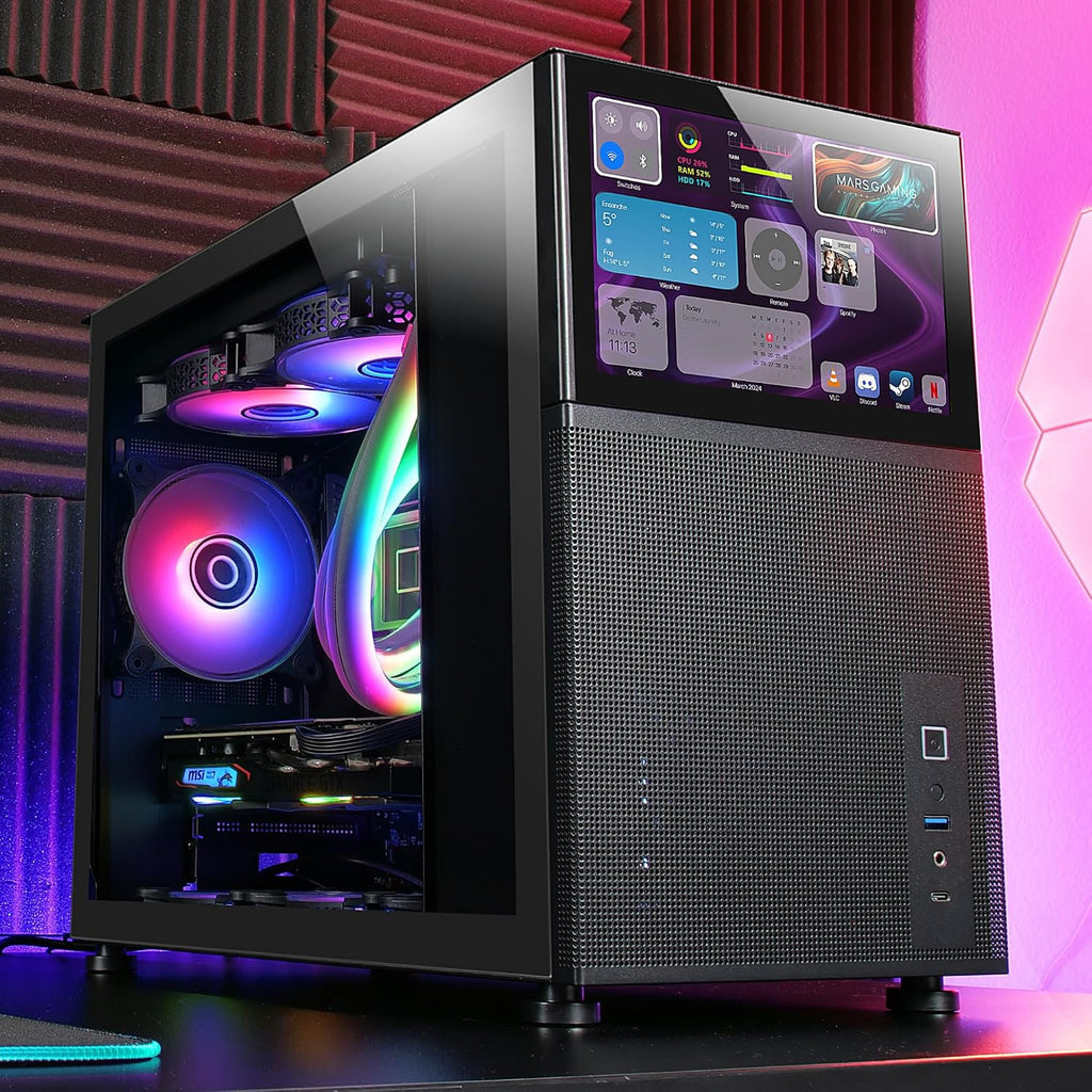 Mars Gaming MC-S1, ultrakompakt Micro-ATX PC-fodral, ARGB frontbelysning 12 lägen, FRGB-fläkt, spelfodral för helsidofönster, stöder vätskekylare upp till 120 mm, rosa