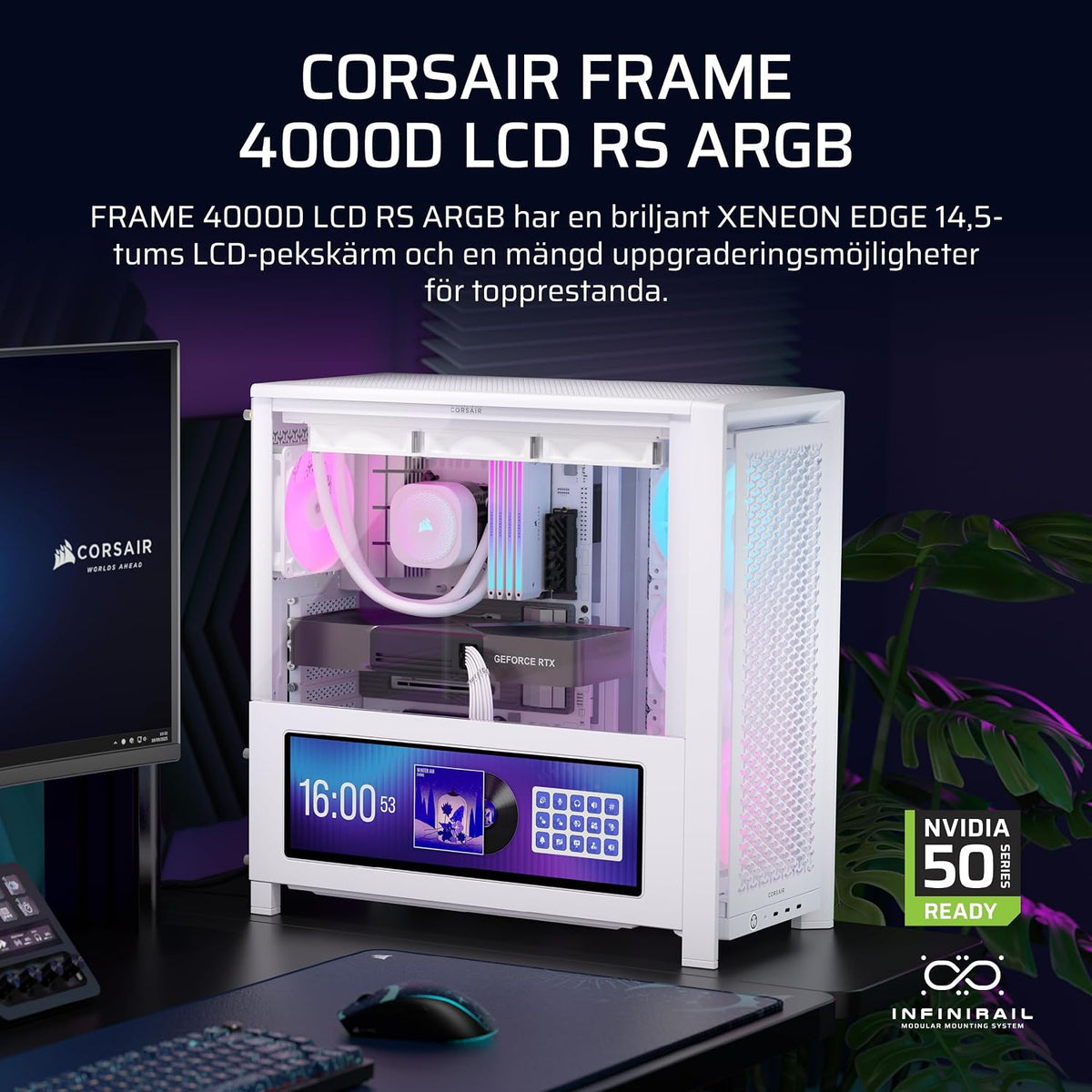 CORSAIR FRAME 4000D LCD RS ARGB Miditower-Datorchassi – XENEON EDGE 14,5-Tums LCD-Pekskärm - InfiniRail-Fläktmonteringssystem, 4x RS120 ARGB-Fläktar - Stöder Reverse-Connector Moderkort – Vit