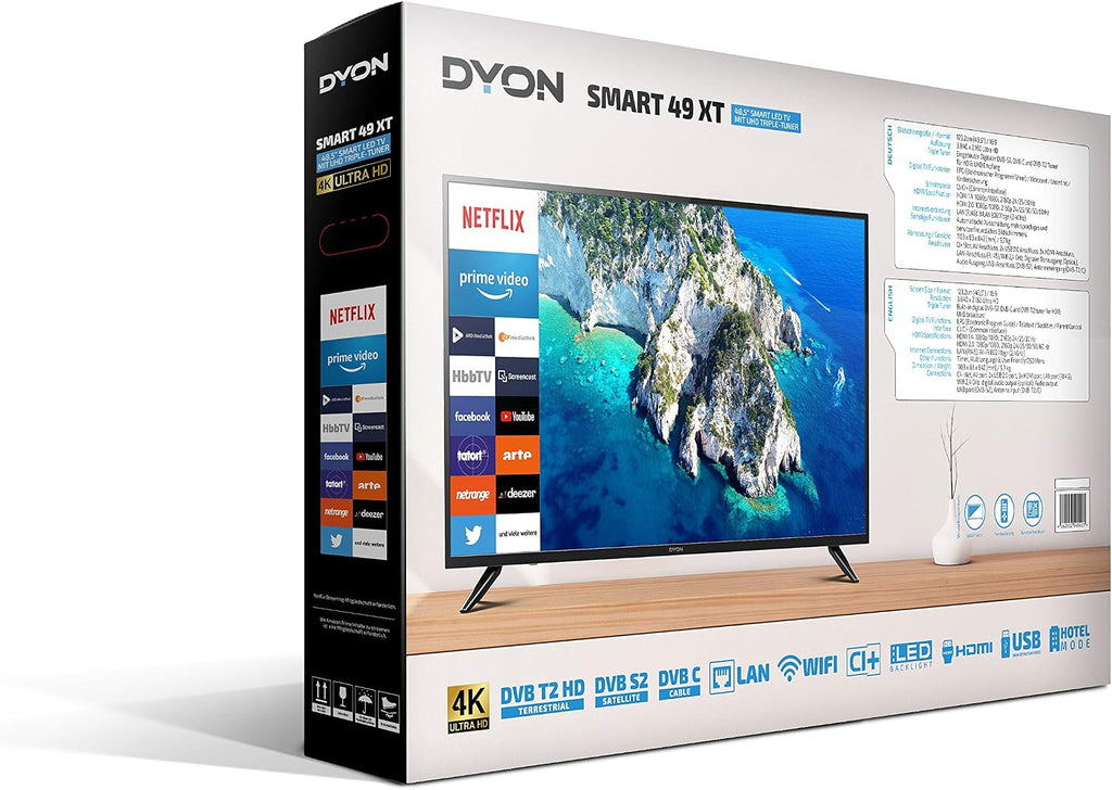 DYON Smart 40 VX-2 Full HD-TV, trippel HD-mottagare (DVB-C/-S2/-T2), App Store, Prime Video, Netflix, YouTube, DAZN, Disney+, svart