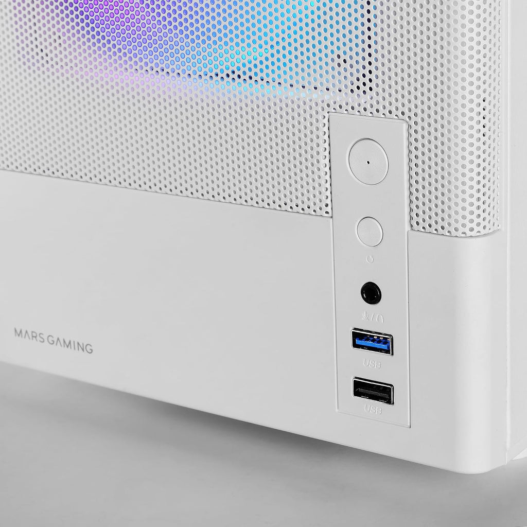 Mars Gaming MC-ONYX, MicroATX Gaming Chassi, Metallfront Mesh, Sidofönster i härdat glas, 3x ARGB FDB-fläktar, Dubbla kammare, Stöd för vätskekylning upp till 240mm, Vit