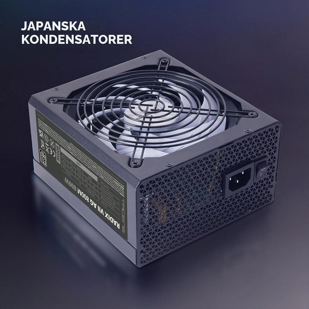 Tacens RADIX VII AG 800, full modul 800 W ATX strömförsörjning, 10 års garanti, 80Plus silver, +87% effektivitet, 140 mm FDB-fläkt med AI-RPM-teknik, japanska kondensatorer 105º, svart