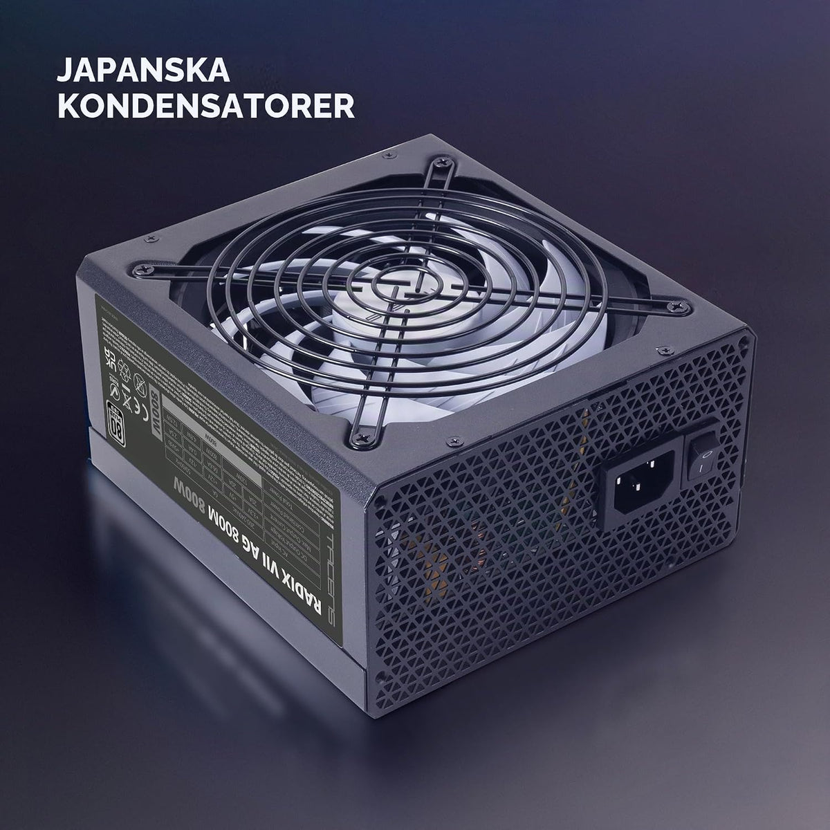 Tacens RADIX VII AG 800, full modul 800 W ATX strömförsörjning, 10 års garanti, 80Plus silver, +87% effektivitet, 140 mm FDB-fläkt med AI-RPM-teknik, japanska kondensatorer 105º, svart