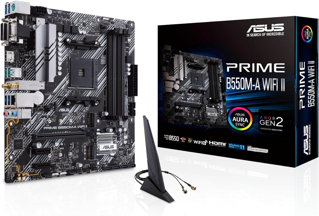 ASUS PRIME B550M-A WiFi II MicroATX moderkort, AMD B550, Socket AM4, DDR4, PCI 4.0, Realtek 1GB LAN, WiFi 6 (802.11ax), 2xM.2, 4xSATA 6GB/s, 2xUSB 3.2 Gen 2, Stöd för Aura Sync RGB, Svart