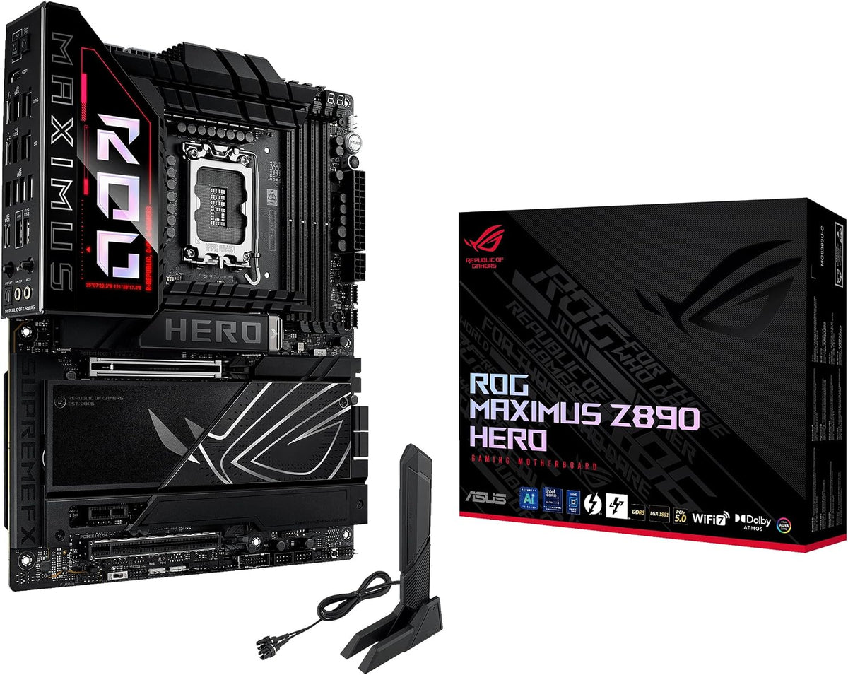 ASUS Intel ROG Maximus Z890 Hero ATX moderkort, 22+1+2+2 effektsteg, DDR5-kortplatser, PCIe 5.0 med fullt stöd för nästa generations GPU:er, sex M.2-kortplatser, WiFi 7, AI överklockning, PCIe Slot