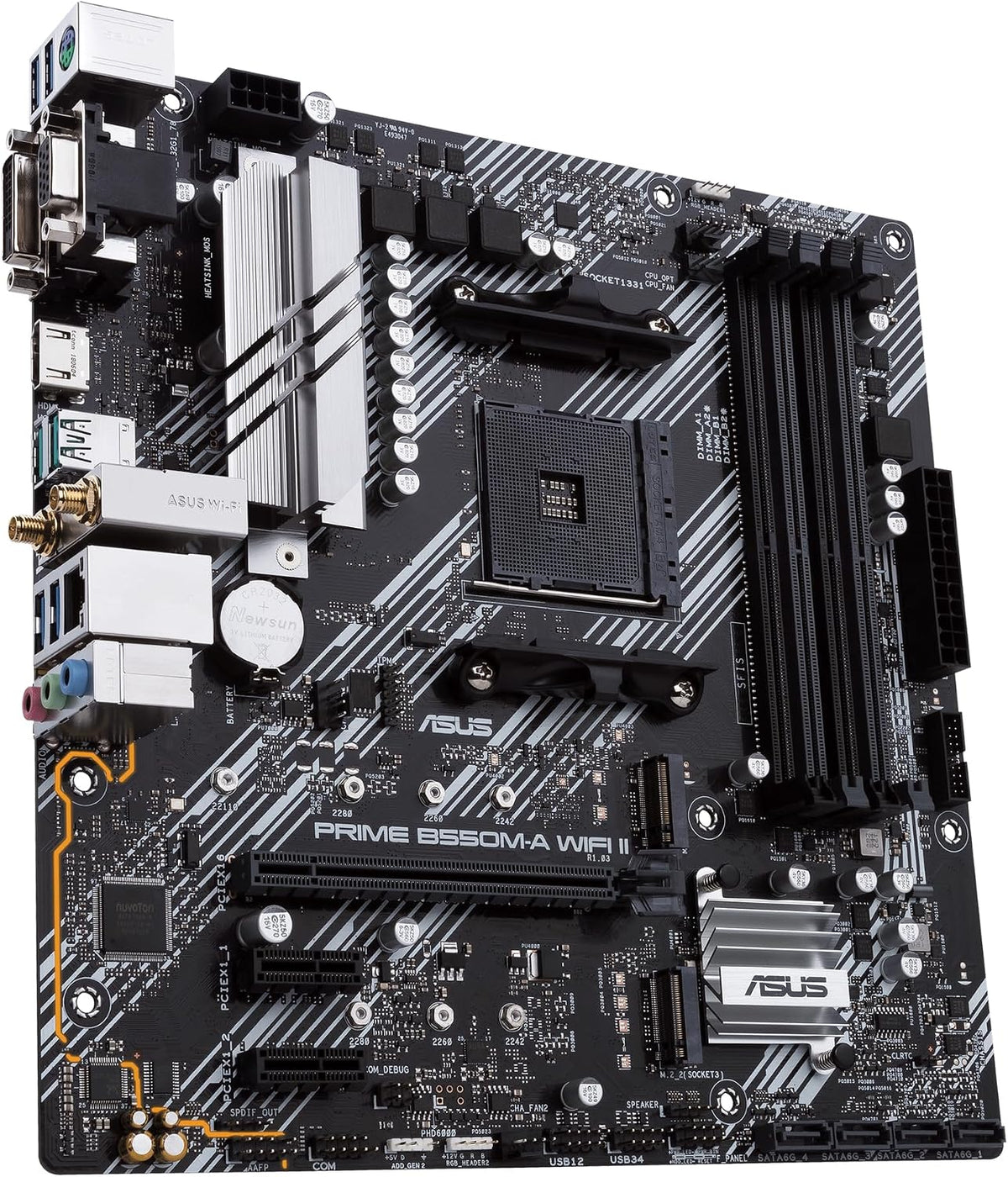 ASUS PRIME B550M-A WiFi II MicroATX moderkort, AMD B550, Socket AM4, DDR4, PCI 4.0, Realtek 1GB LAN, WiFi 6 (802.11ax), 2xM.2, 4xSATA 6GB/s, 2xUSB 3.2 Gen 2, Stöd för Aura Sync RGB, Svart