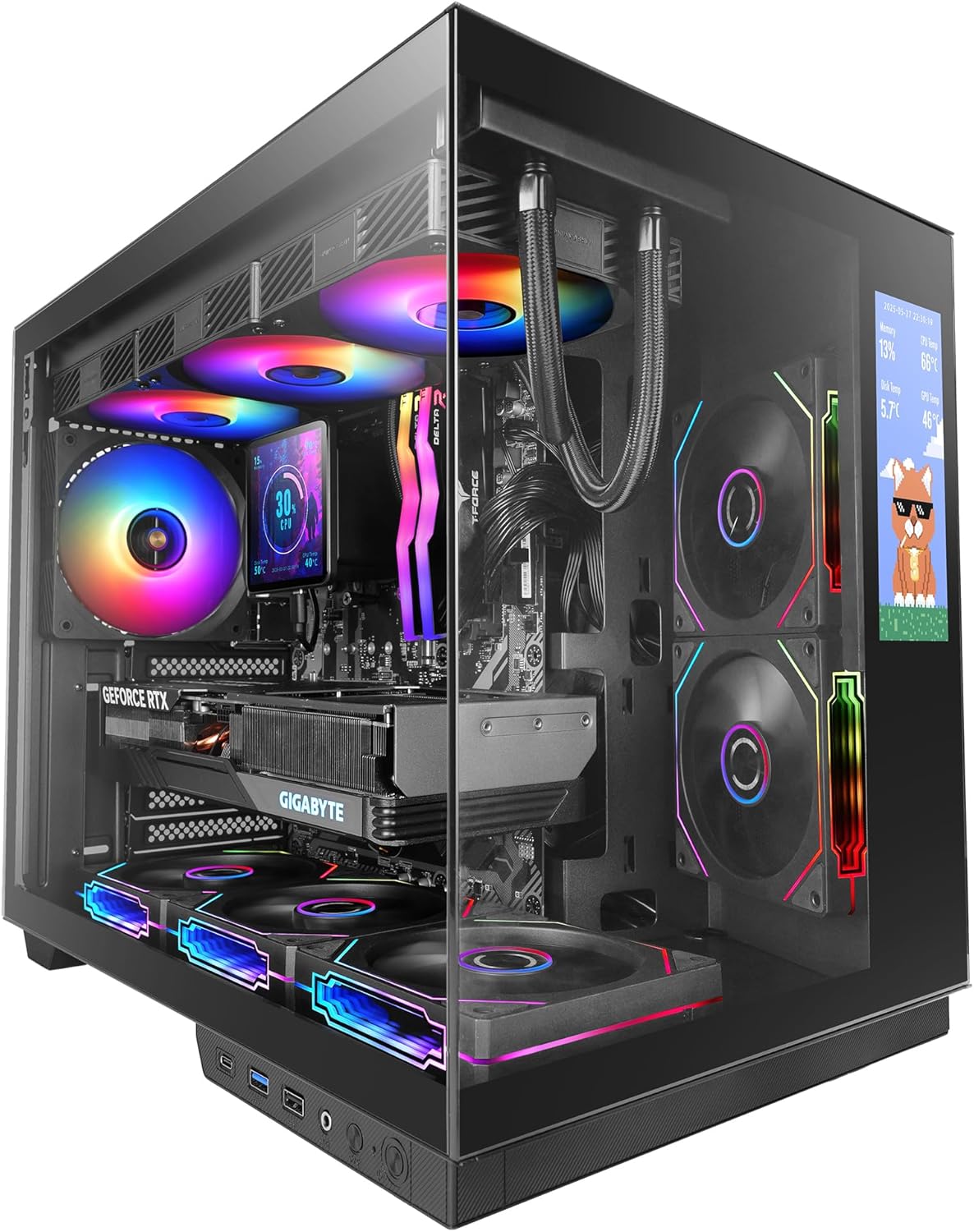 Mars Gaming MC-MIRAGE, Gaming Chassi ATX, 7,2” Anpassningsbar LCD IPS Skärm, Kontinuerat Härdat Glas Front + Sida, Dubbelkammare Struktur, Stöd för Vätskekylning upp till 360mm, Svart
