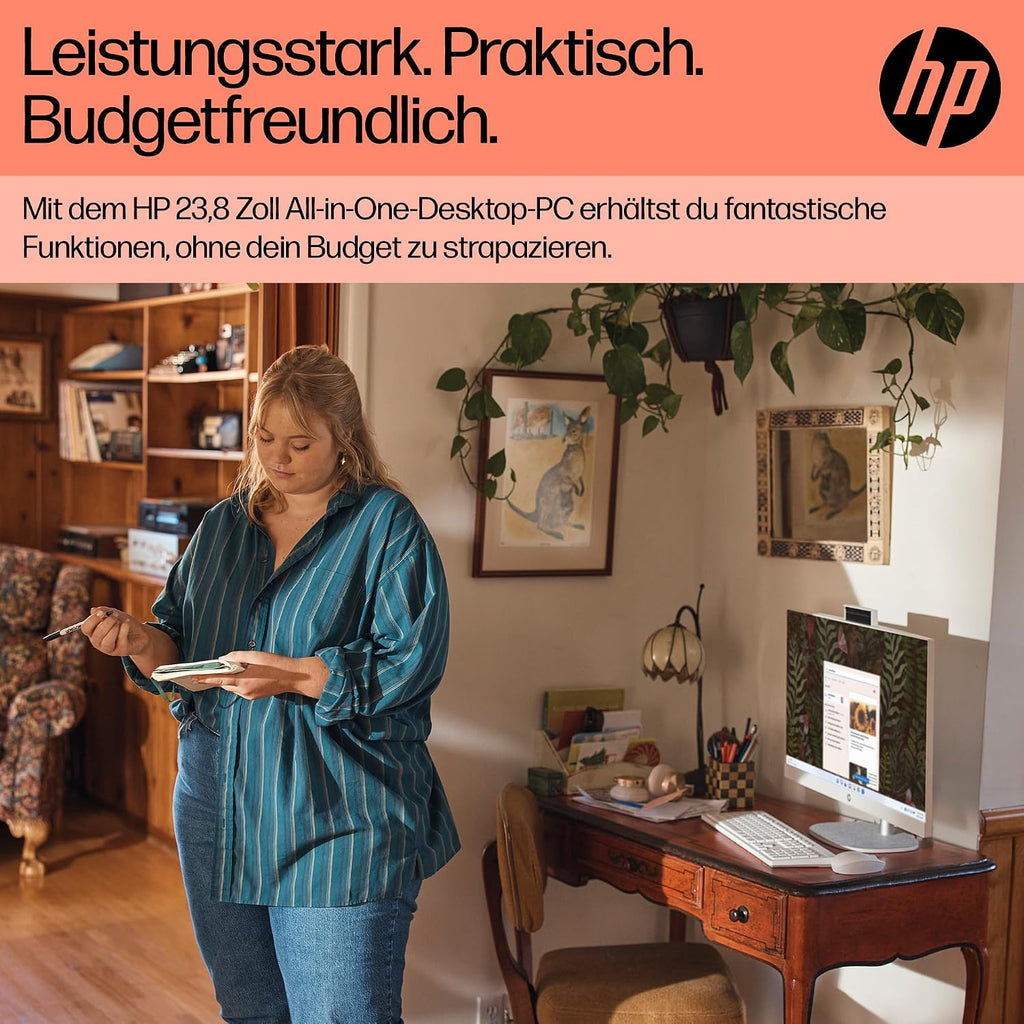 HP Allt-i-ett-stationär dator, 23,8 tums FHD-skärm, AMD Ryzen 5 7520U, 8 GB DDR5 RAM, 512 GB SSD, AMD Radeon-grafikenhet, Windows 11 Home, QWERTZ vit, exklusivt från Amazon